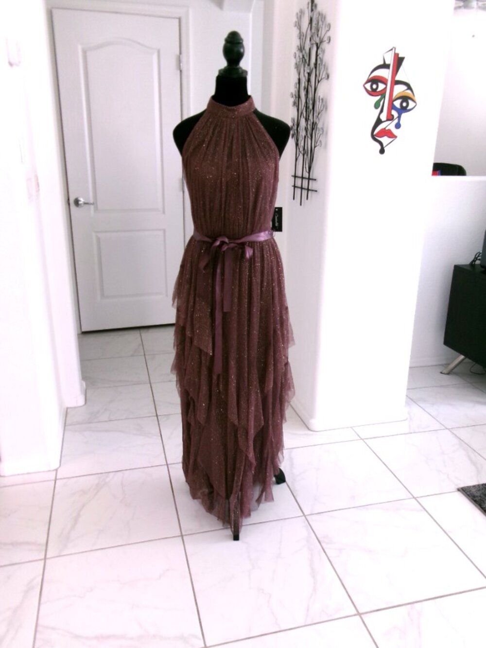 New CANDALITE Dark Plum & Sparkly Gold Formal Maxi Dress Fairy Tiers M